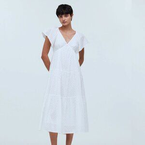 🏷️NWT:  Madewell Tie-Back Flutter-Sleeve Tiered Midi Dress - White Size 4